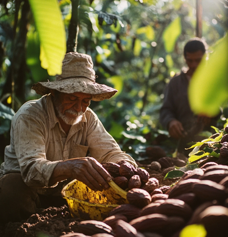 Elderly man harvesting cocoa pods in a lush, sunlit plantation.