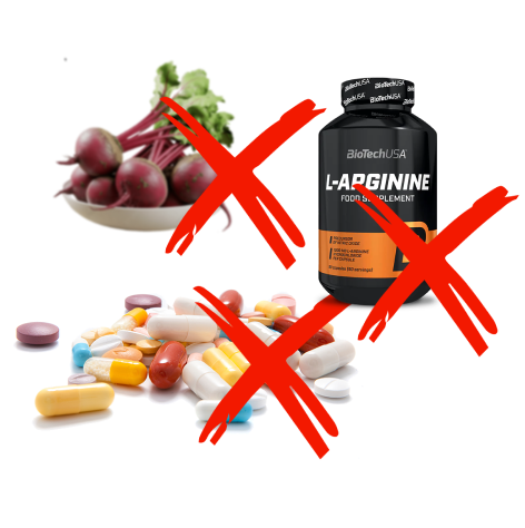 Beets on a plate, pills, and a supplement bottle with red X marks over pills and bottle.