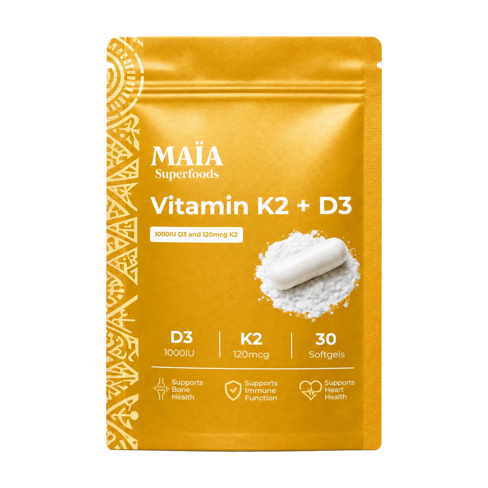 A golden-yellow pouch of MAÏA Superfoods Vitamin K2 + D3, with a single white capsule on display.