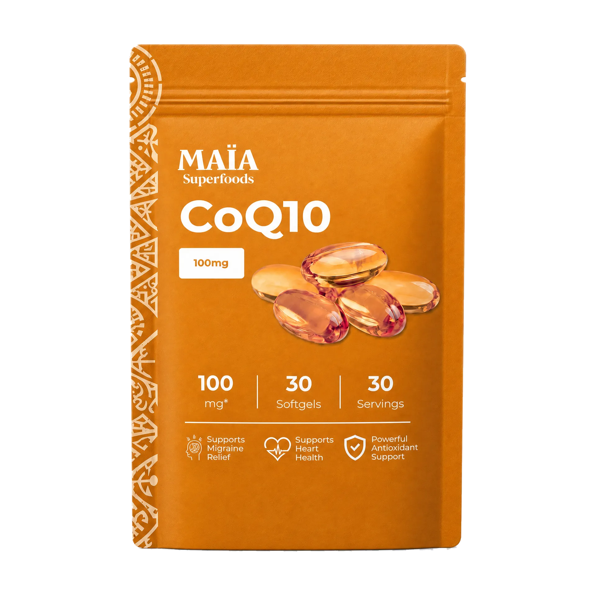 An orange pouch of MAÏA Superfoods CoQ10 100mg softgels against a plain white background.