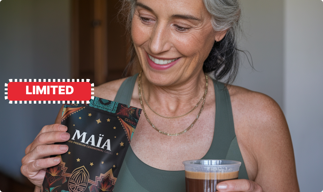 Woman holding a packet of MAÏA cacao and a cup of drink, labeled 'LIMITED.'