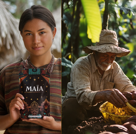 A woman holding a Maia chocolate bar; a man working with cocoa beans.
