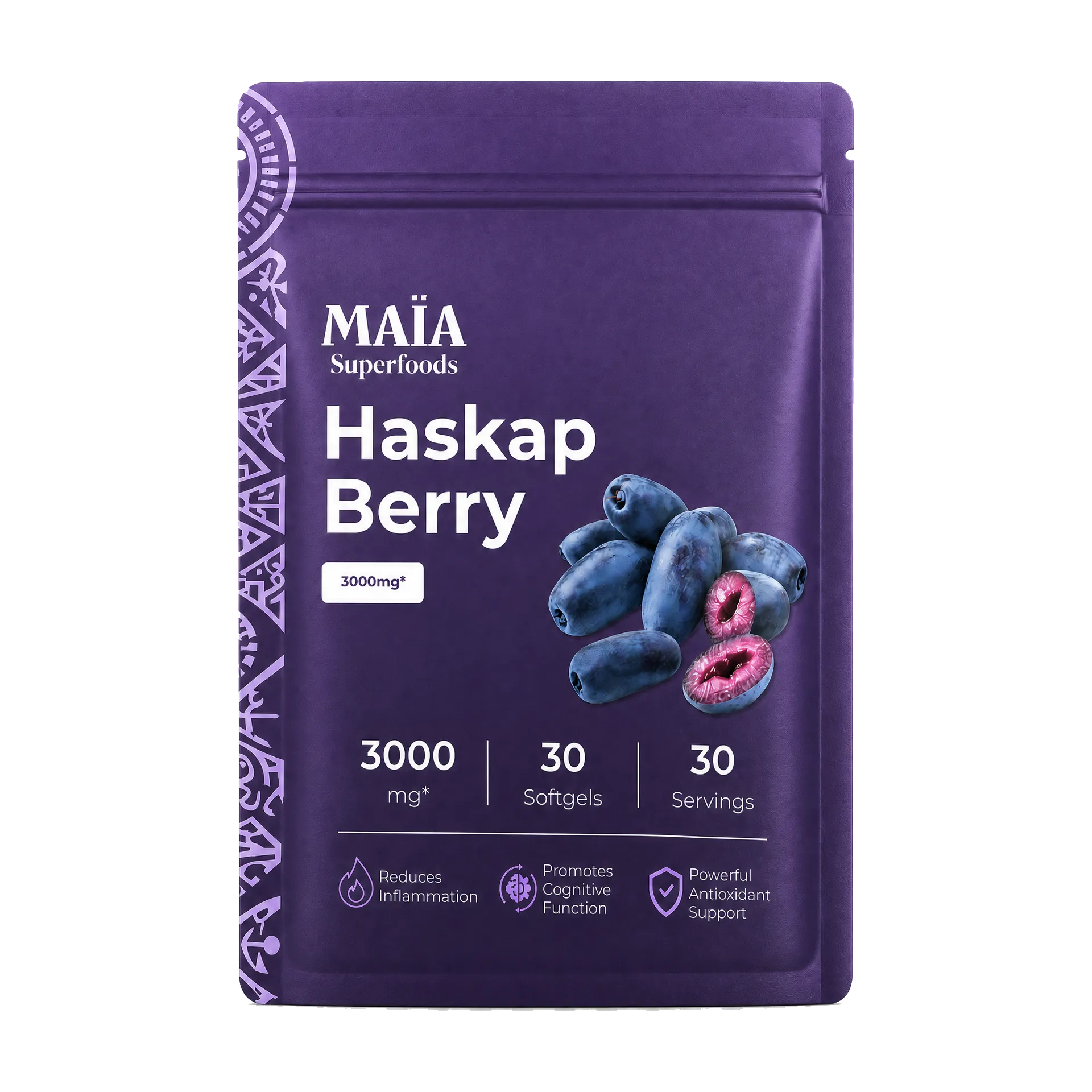 A purple pouch of MAÏA Superfoods Haskap Berry softgels with an image of the berries on front.