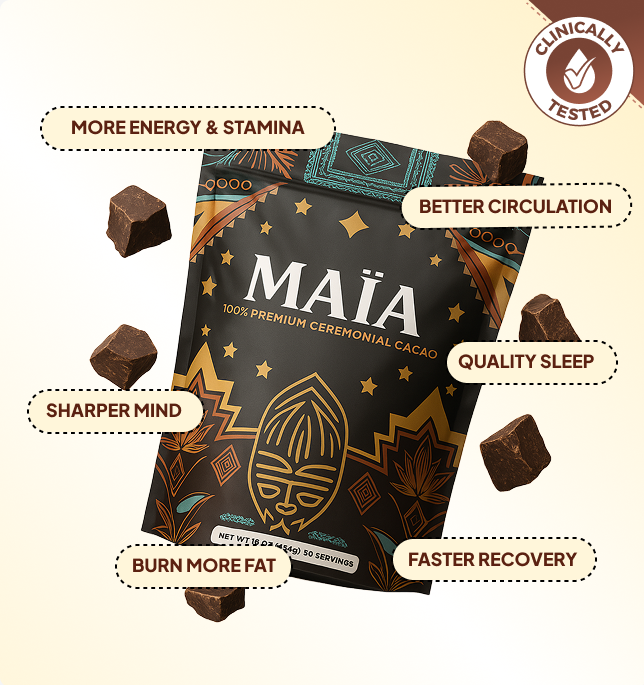 Package of MAÏA ceremonial cacao with benefits like energy, circulation, and sleep highlighted.