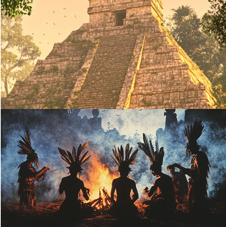 Top: ancient pyramid; Bottom: people in feathered headdresses around a fire.