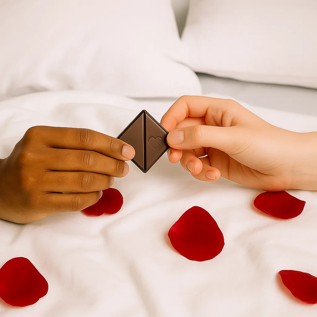 Two hands holding a chocolate piece over a bed with rose petals.