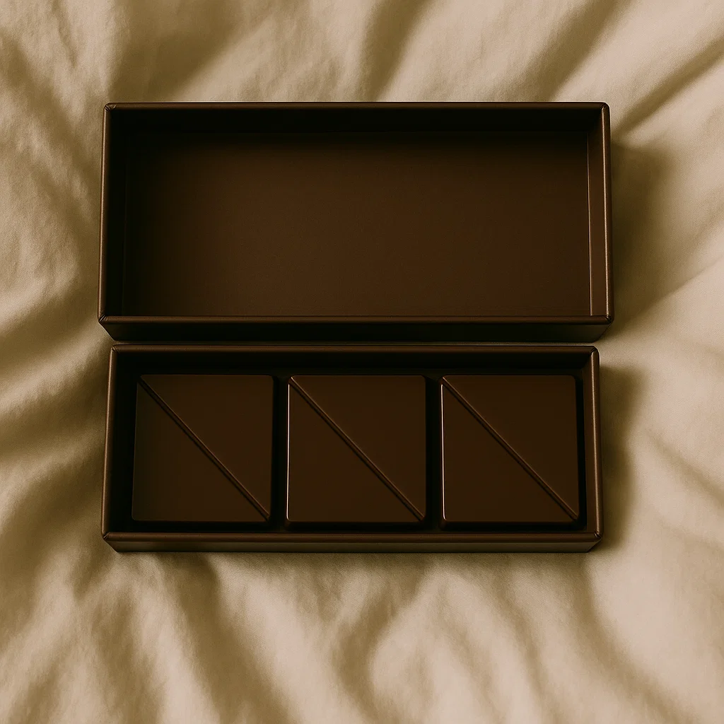 Open box with three triangular chocolate pieces on a soft fabric surface.