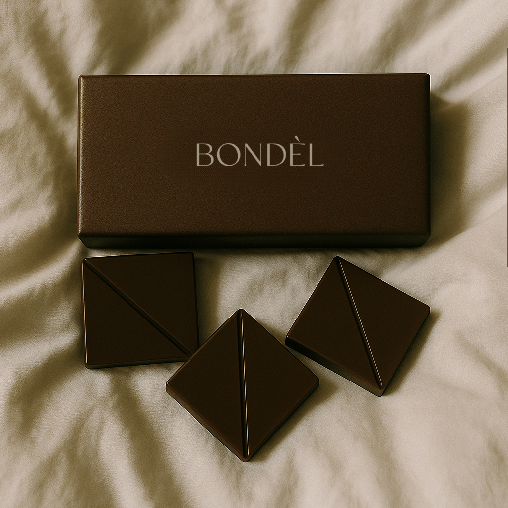 Three dark chocolate squares with a Bondèl box on a soft fabric background.