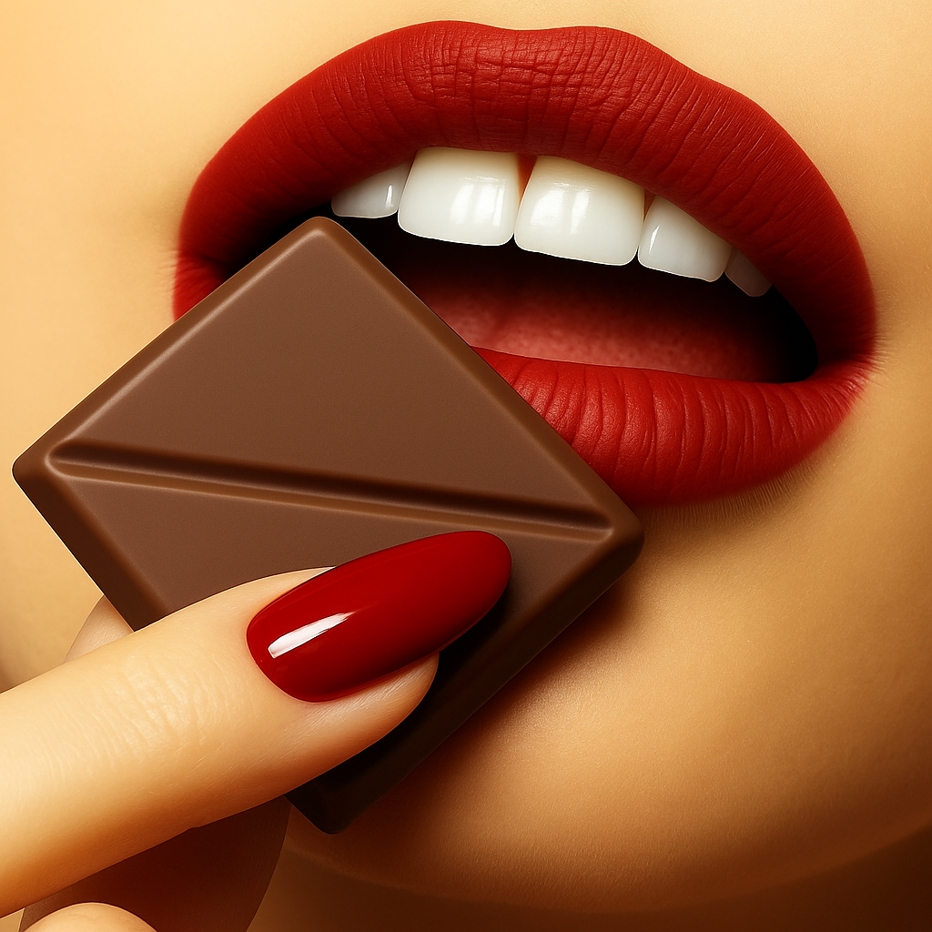 Close-up of red lips and nails holding a chocolate piece.