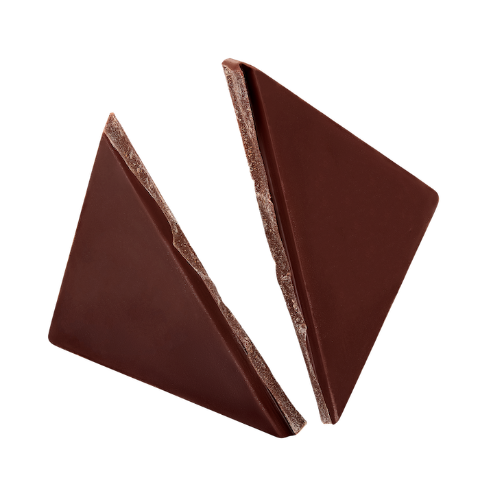 Two triangular pieces of chocolate on a white background.