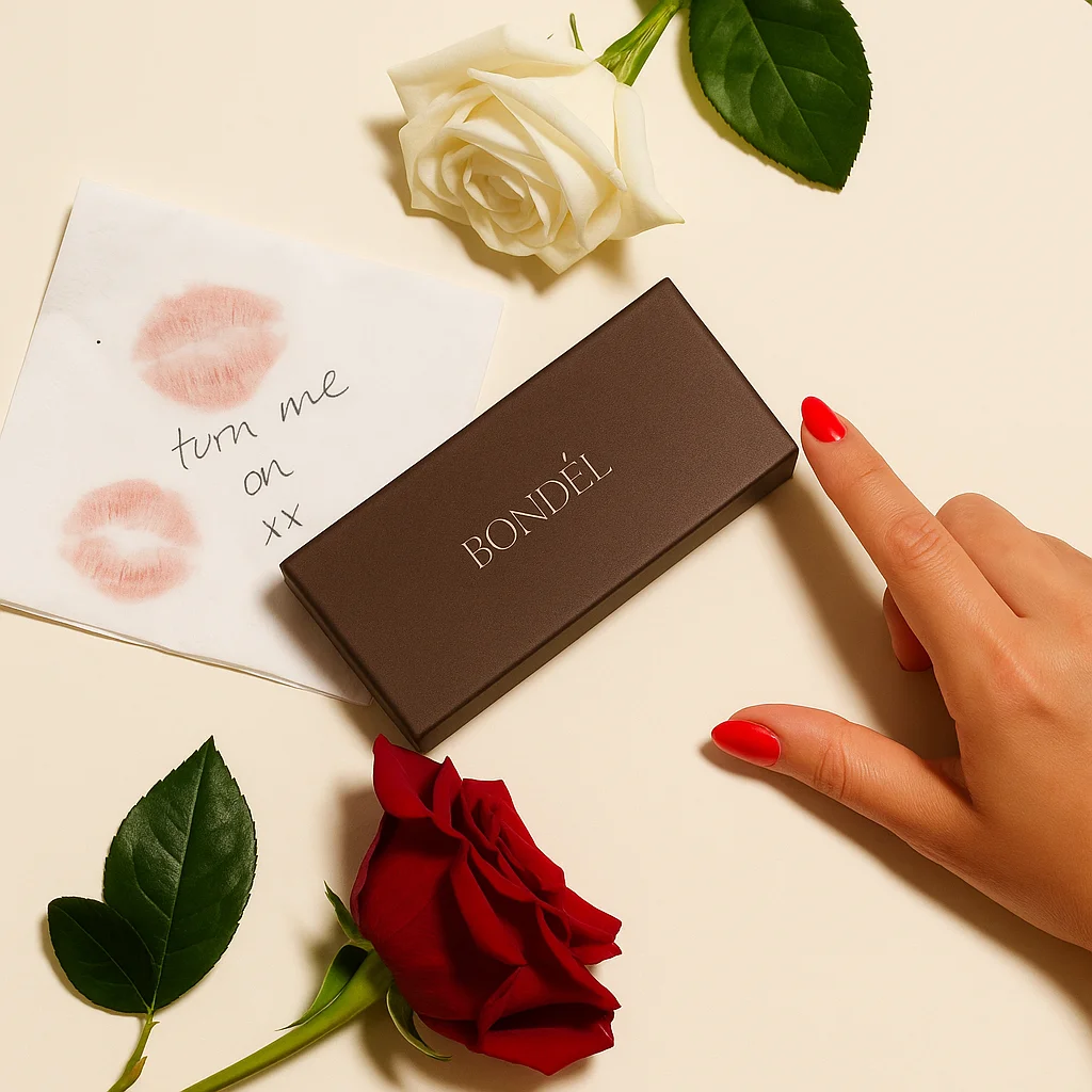 A hand with red nails points to a box, roses, and a note with lipstick marks.