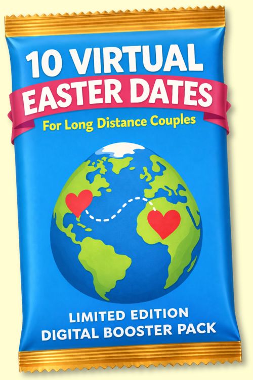 A blue and gold packet for 'Long Distance Date Ideas' showing two hearts connected across the globe.