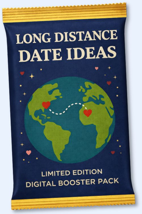 A blue and gold packet for 'Long Distance Date Ideas' showing two hearts connected across the globe.