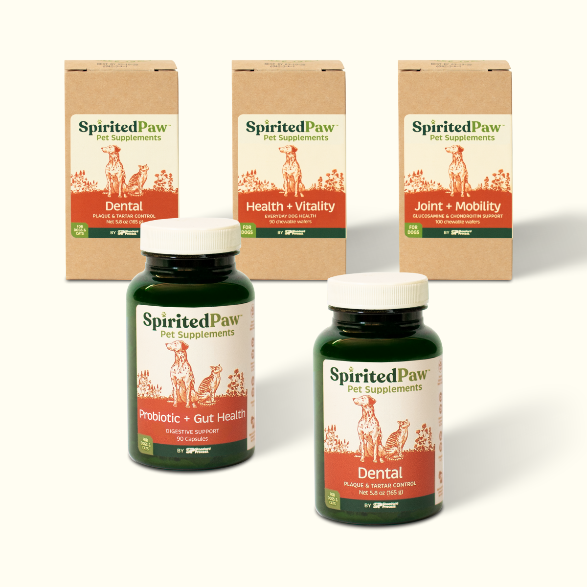 Five SpiritedPaw pet supplement products, including bottles and boxes, on a light background.