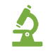 A simple, green icon of a microscope against a white background.