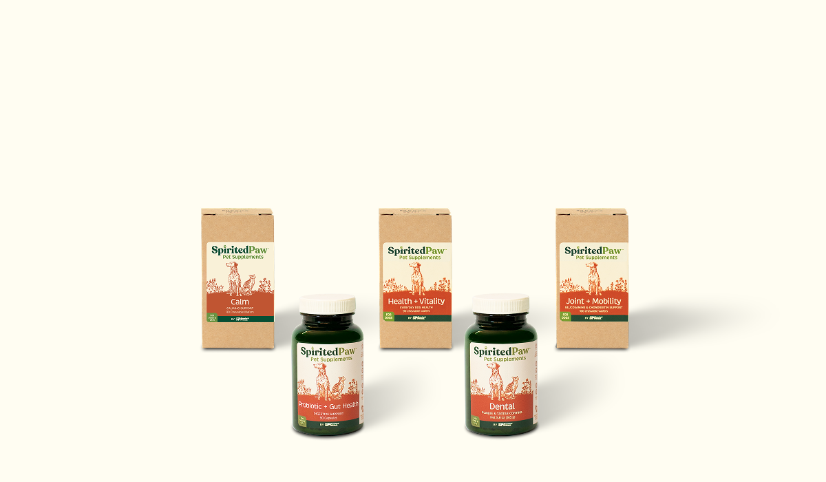 Five SpiritedPaw pet supplement products displayed on a light background.