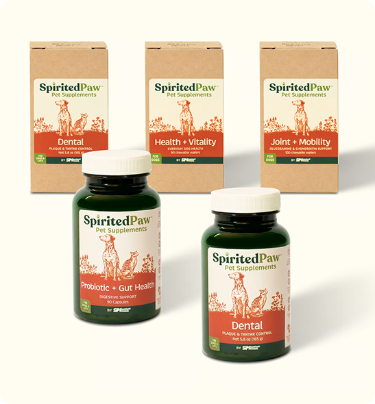 A product lineup of SpiritedPaw pet supplements, showing various formulas in green bottles and cardboard boxes.