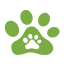 A small white paw print icon inside a larger, light green paw print icon on a white background.