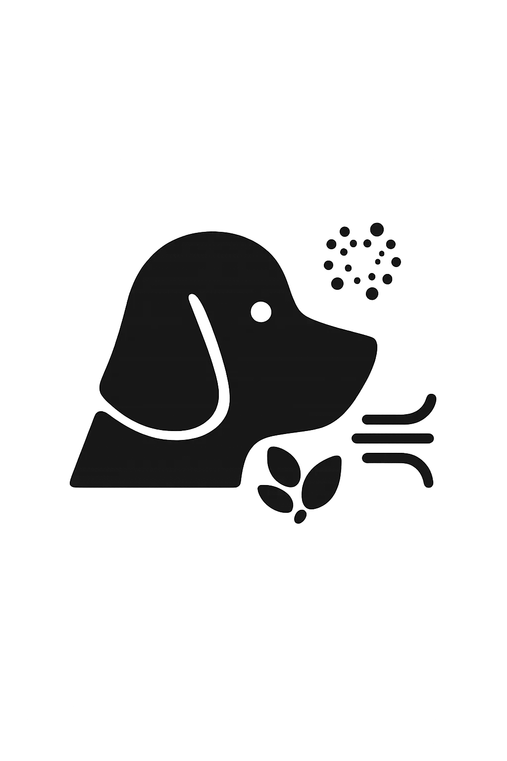 Silhouette of a dog with leaves, dots, and lines indicating scent or airflow.