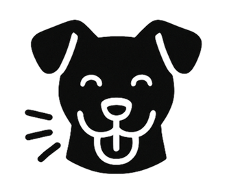 Simple black and white dog icon with a smiling face.