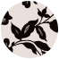 Black floral pattern on a light background in a circular frame.