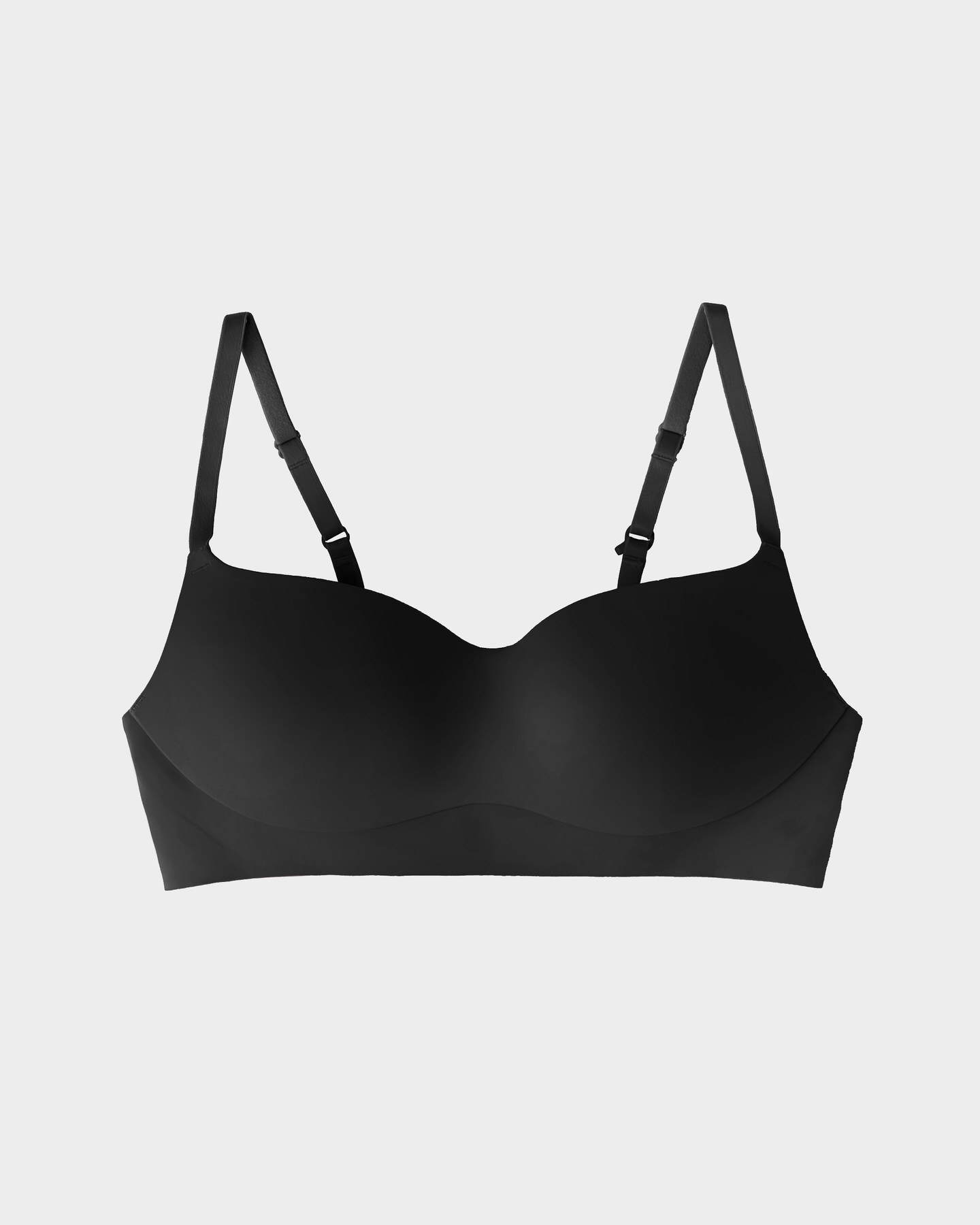Black bra with adjustable straps on a white background.