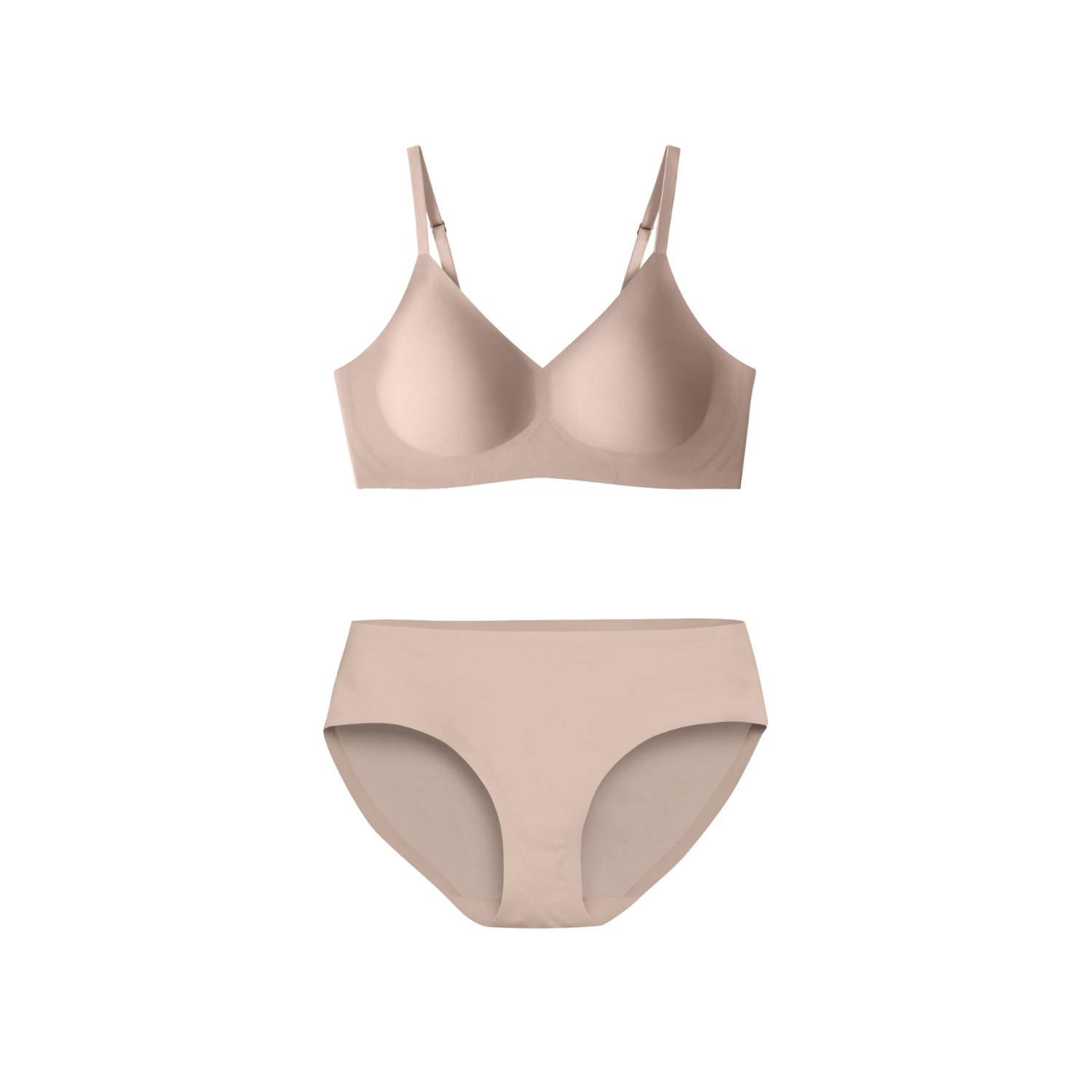 Beige bra and underwear set on a white background.