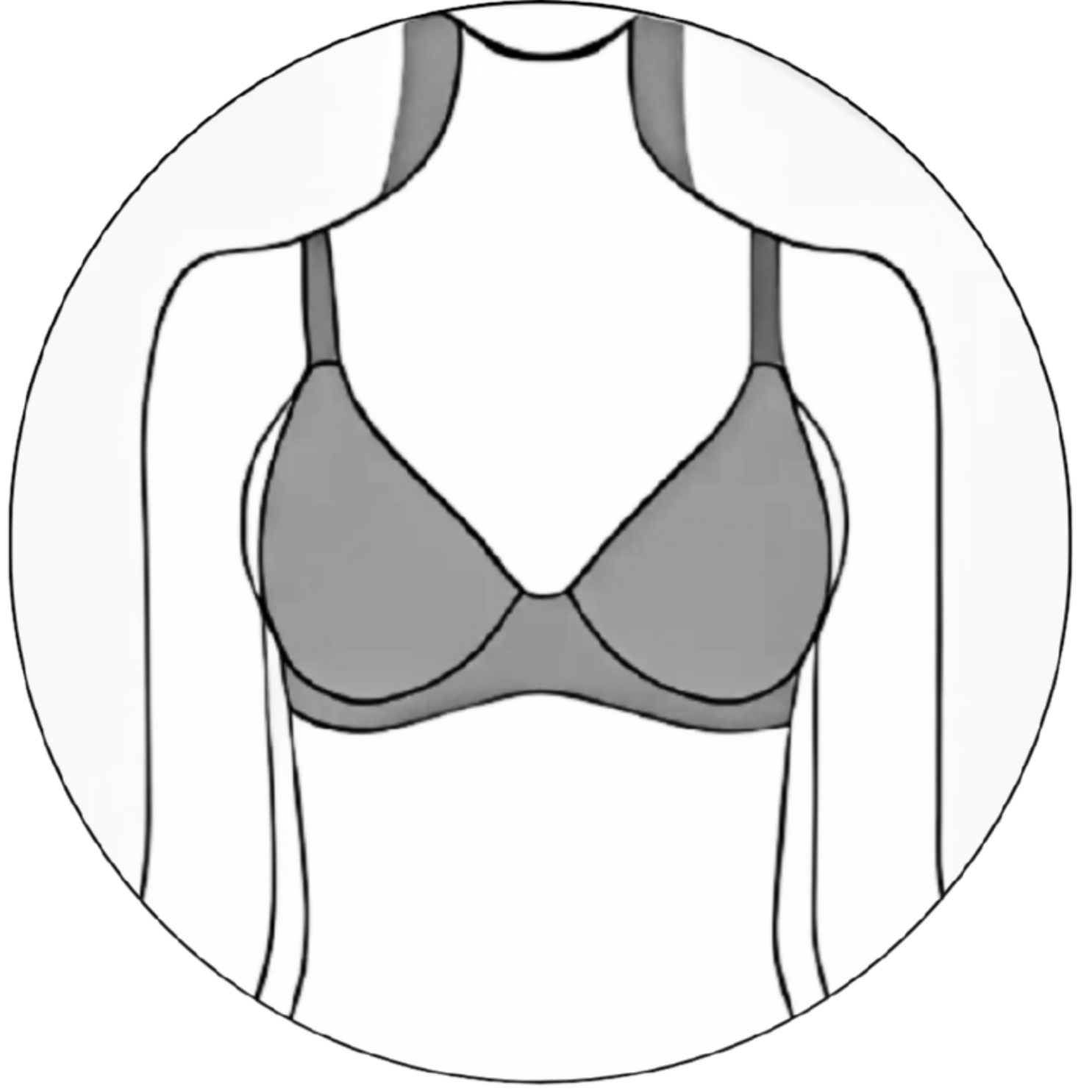 Illustration of a woman wearing a gray bra on a white background.