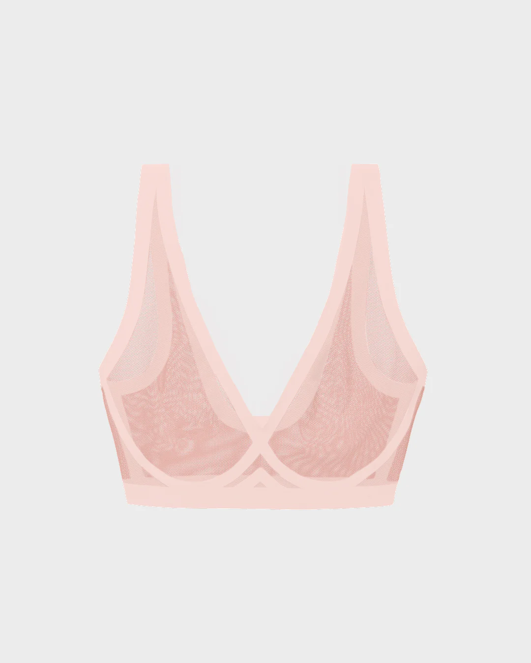A pink mesh bralette with wide straps against a plain background.