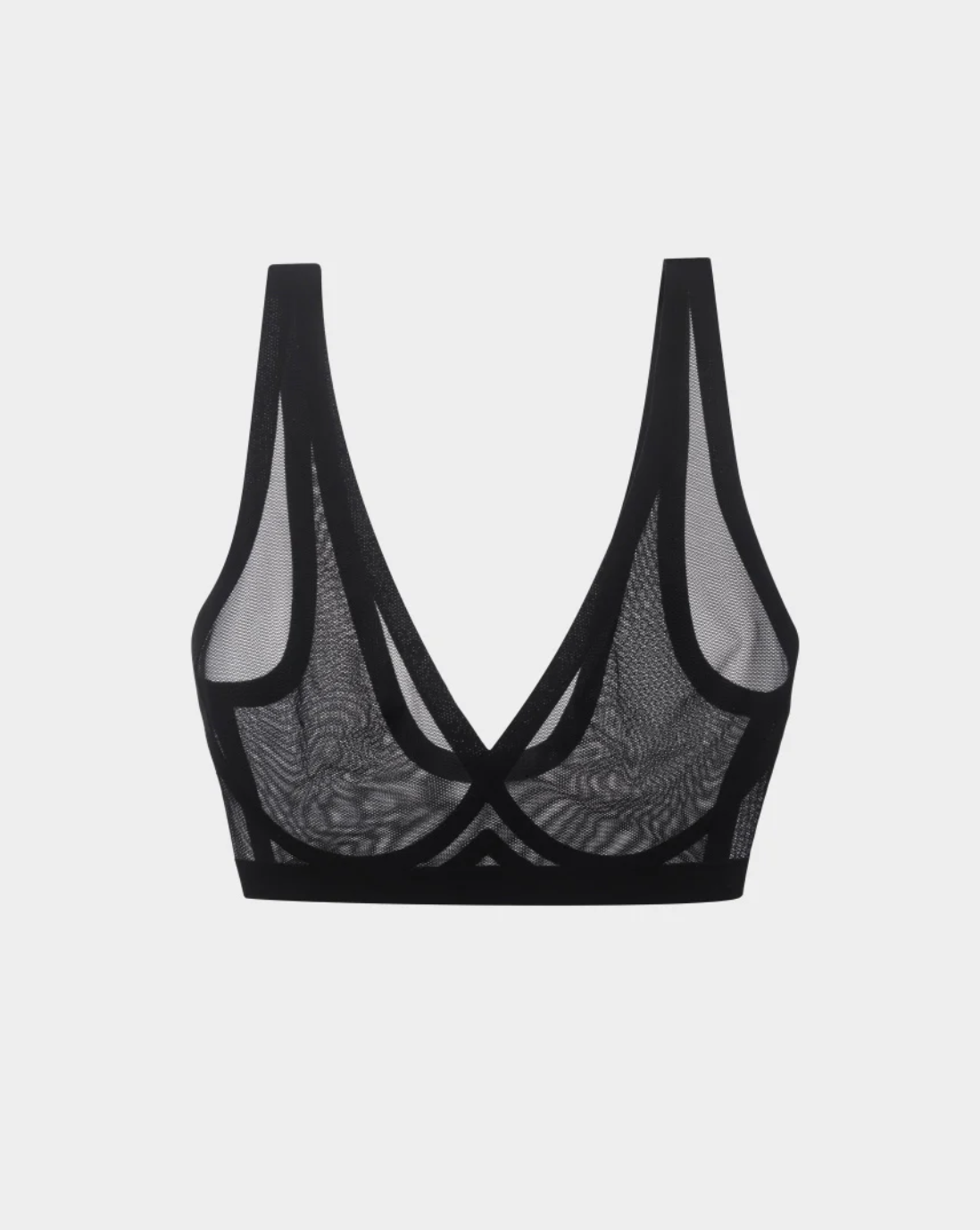 Black mesh bralette on a white background.