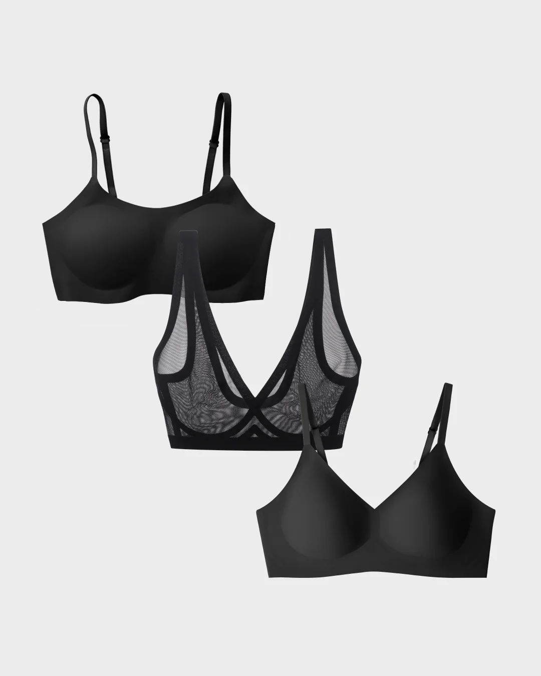 Three black bras with different designs on a white background.
