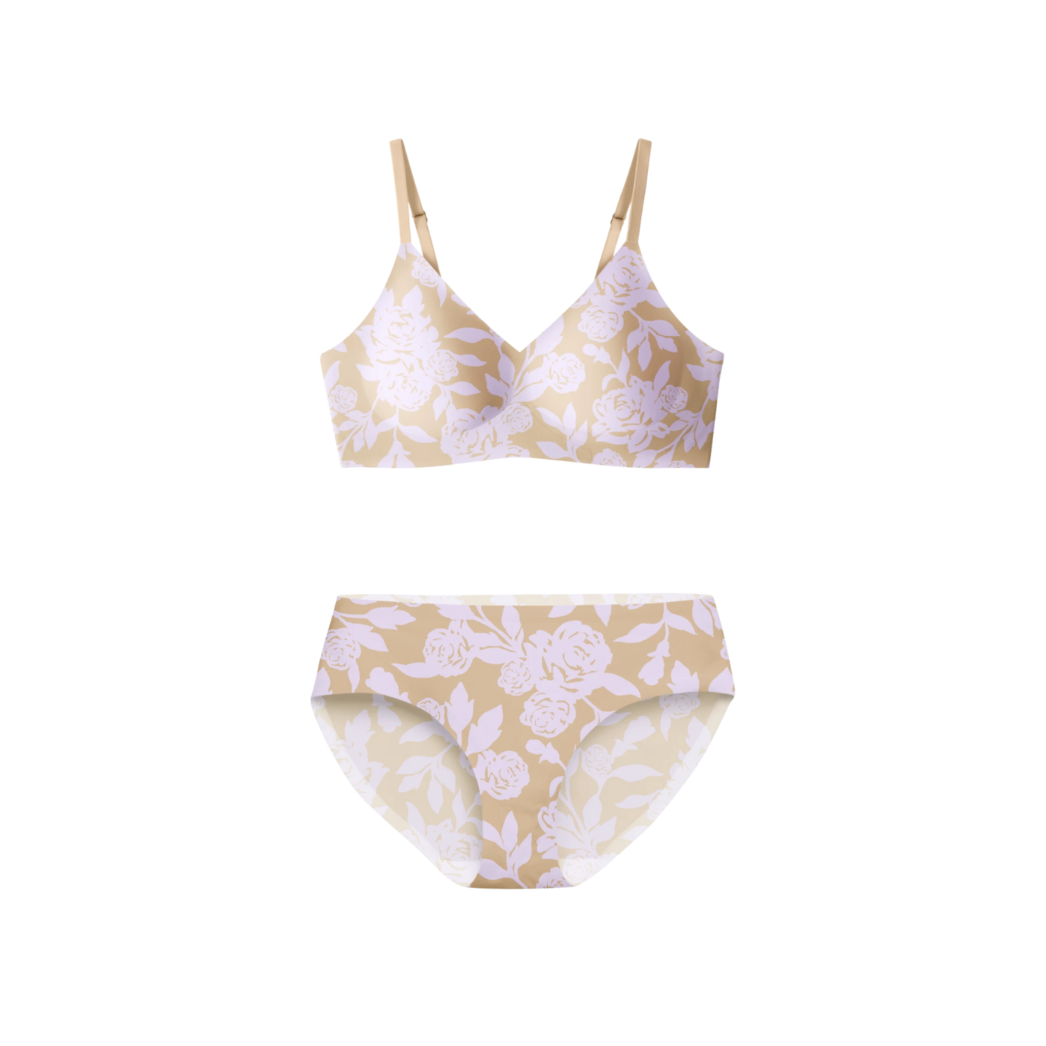 Floral patterned beige bra and panties set on a white background.
