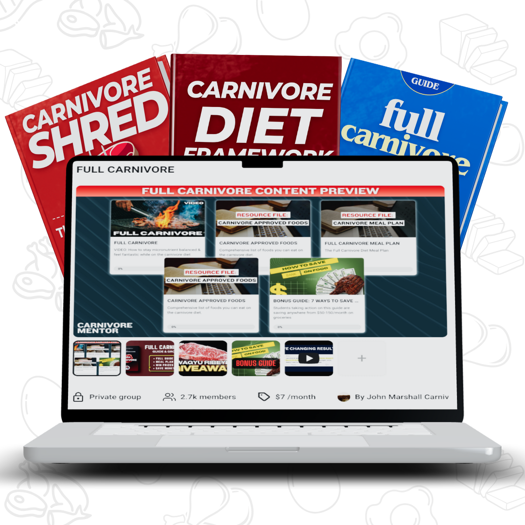 Three books and a laptop displaying carnivore diet coaching programs.