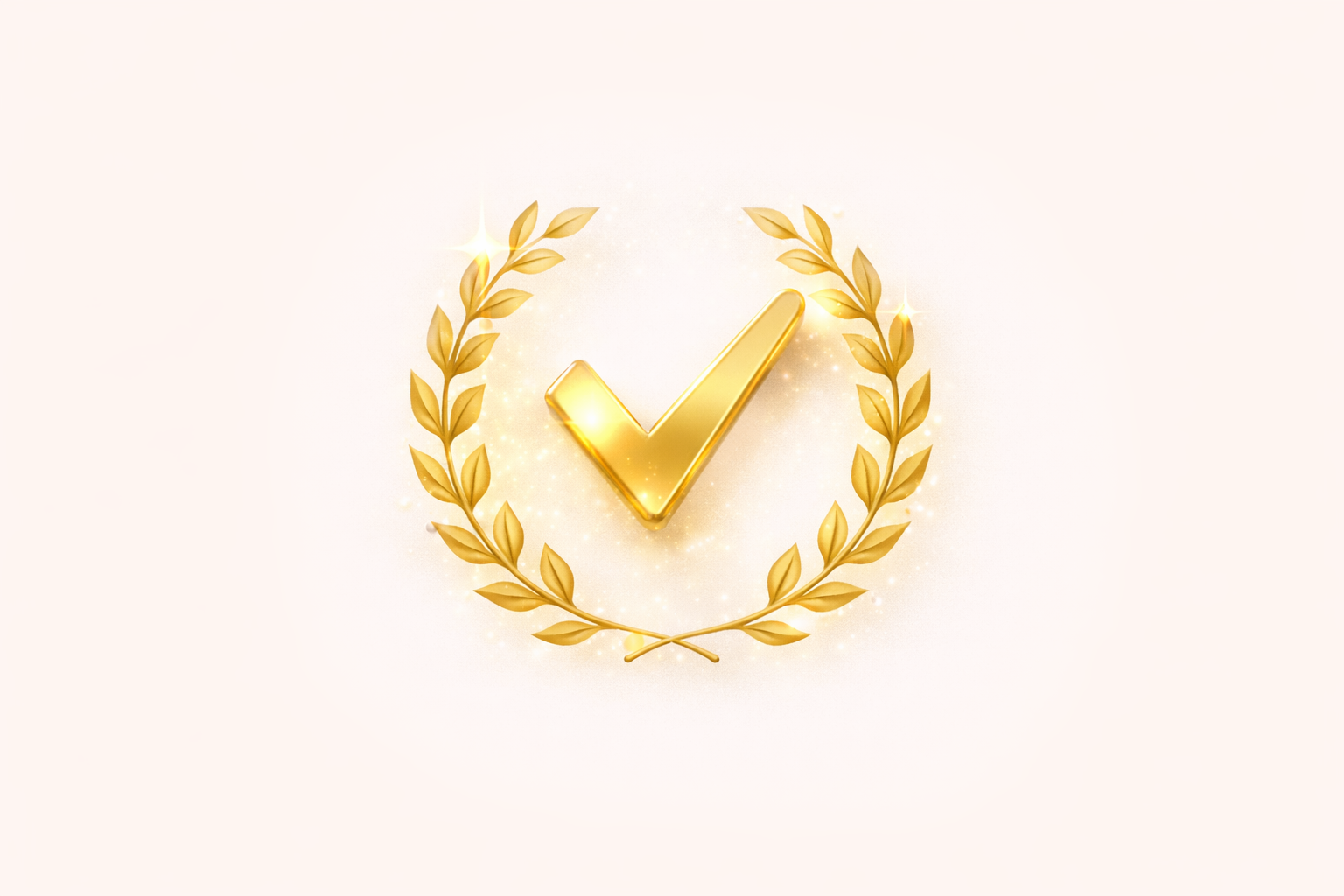 A shiny golden checkmark surrounded by a golden laurel wreath with sparkling lights on a white background.