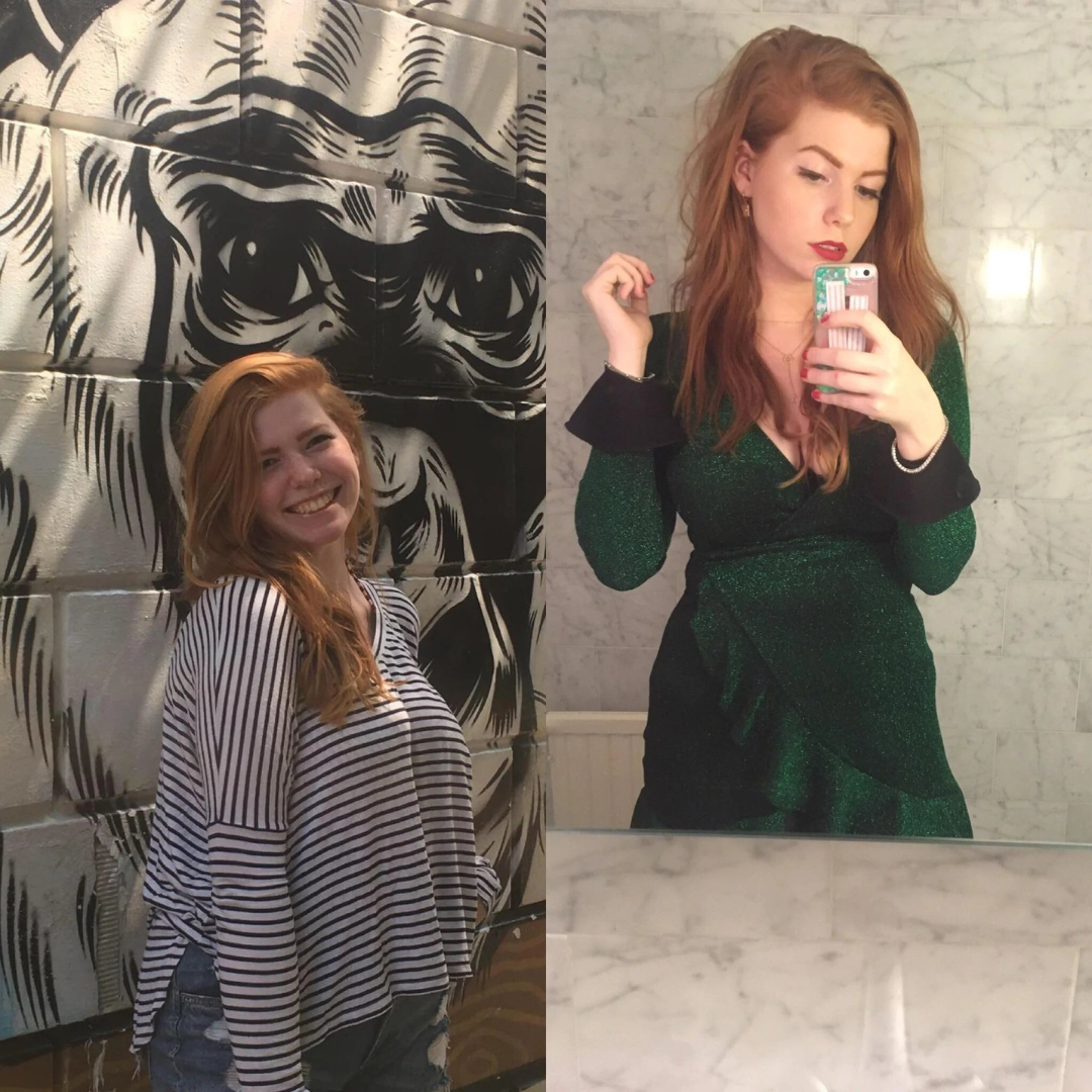 Two images of a woman, one smiling in front of graffiti, the other taking a mirror selfie.