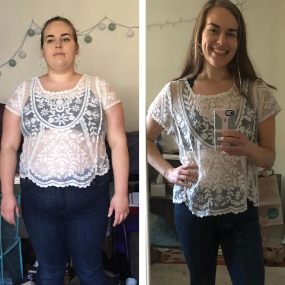 Two side-by-side photos of a woman in a lace top, before and after transformation.