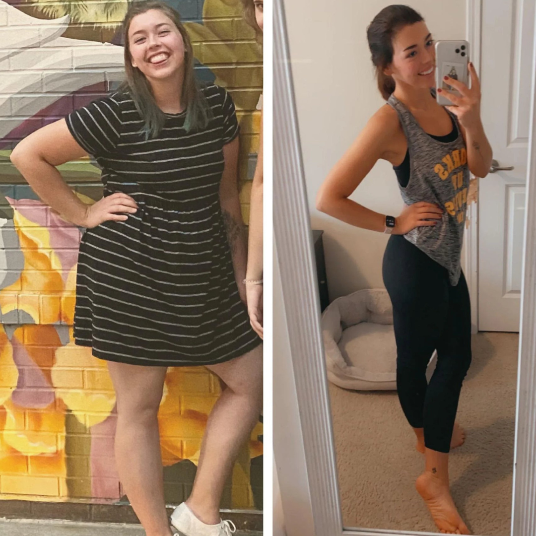 Two side-by-side photos of a woman posing and smiling.