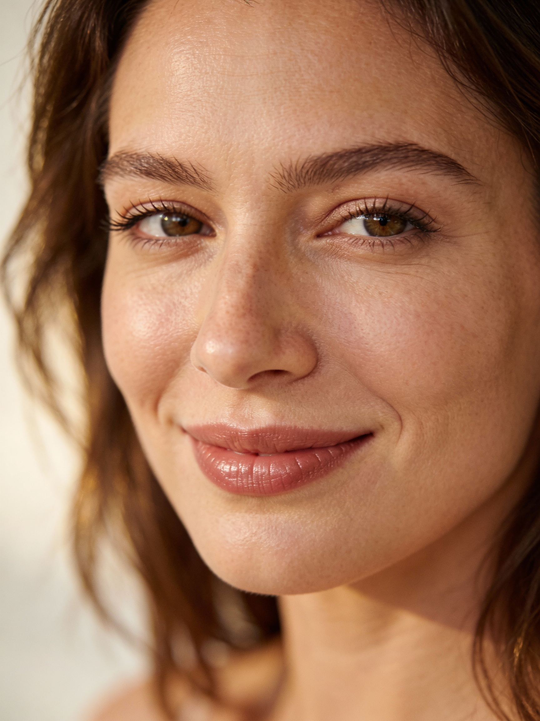 A close-up portrait of a woman with brown hair and light brown eyes smiling gently at the camera.