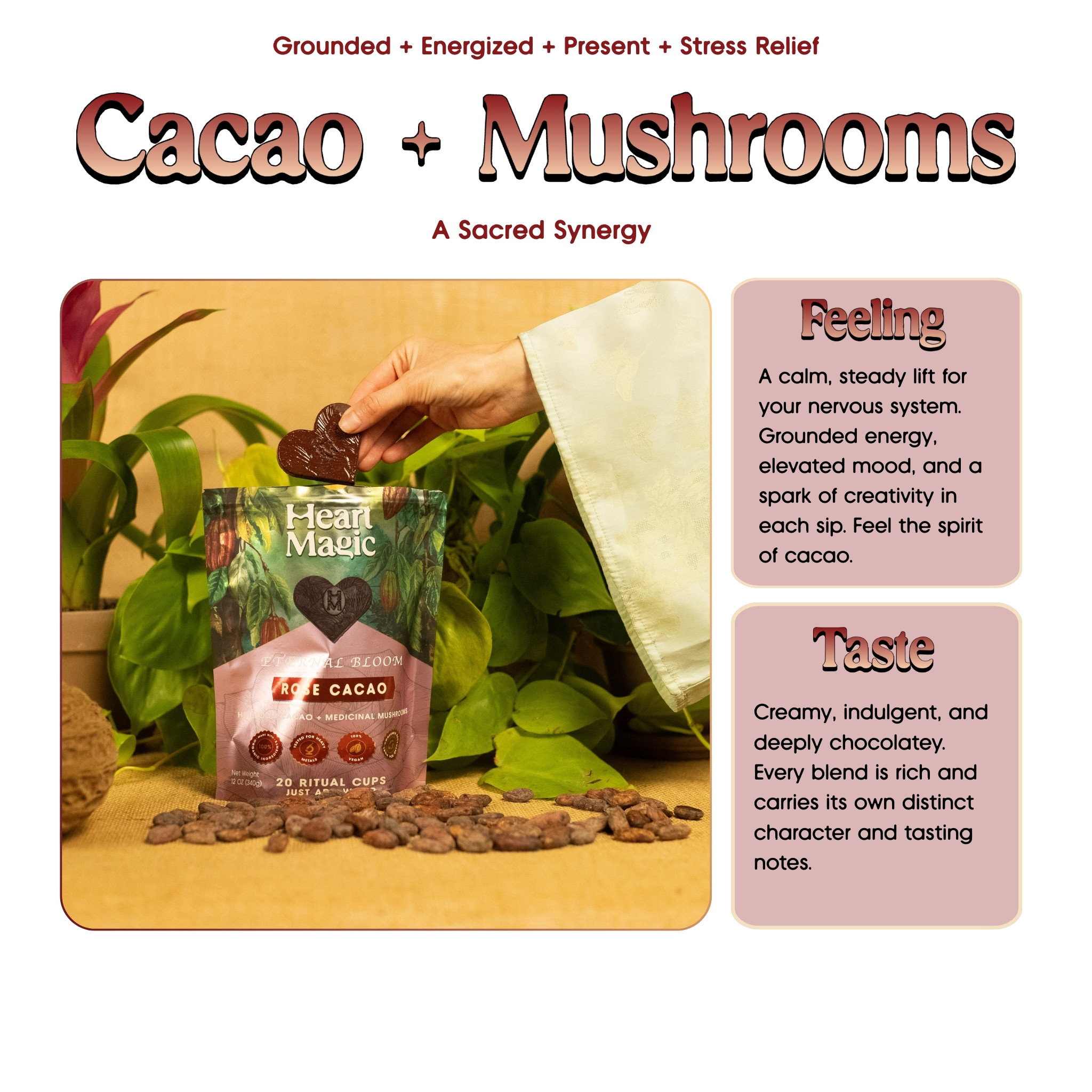 A hand holding heart-shaped chocolate above a cacao product bag, surrounded by plants.