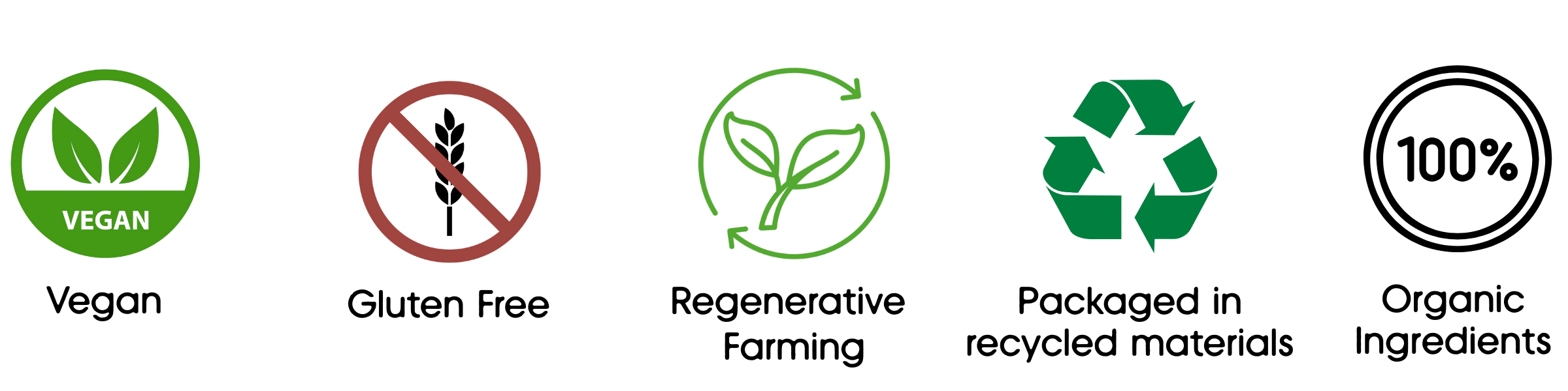 Five icons for vegan, gluten-free, regenerative farming, recycled packaging, and organic ingredients.