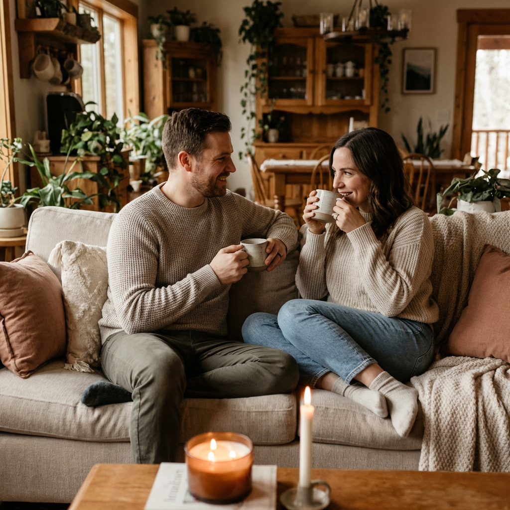 A man and a woman smile at each other while sitting on a couch and holding mugs.