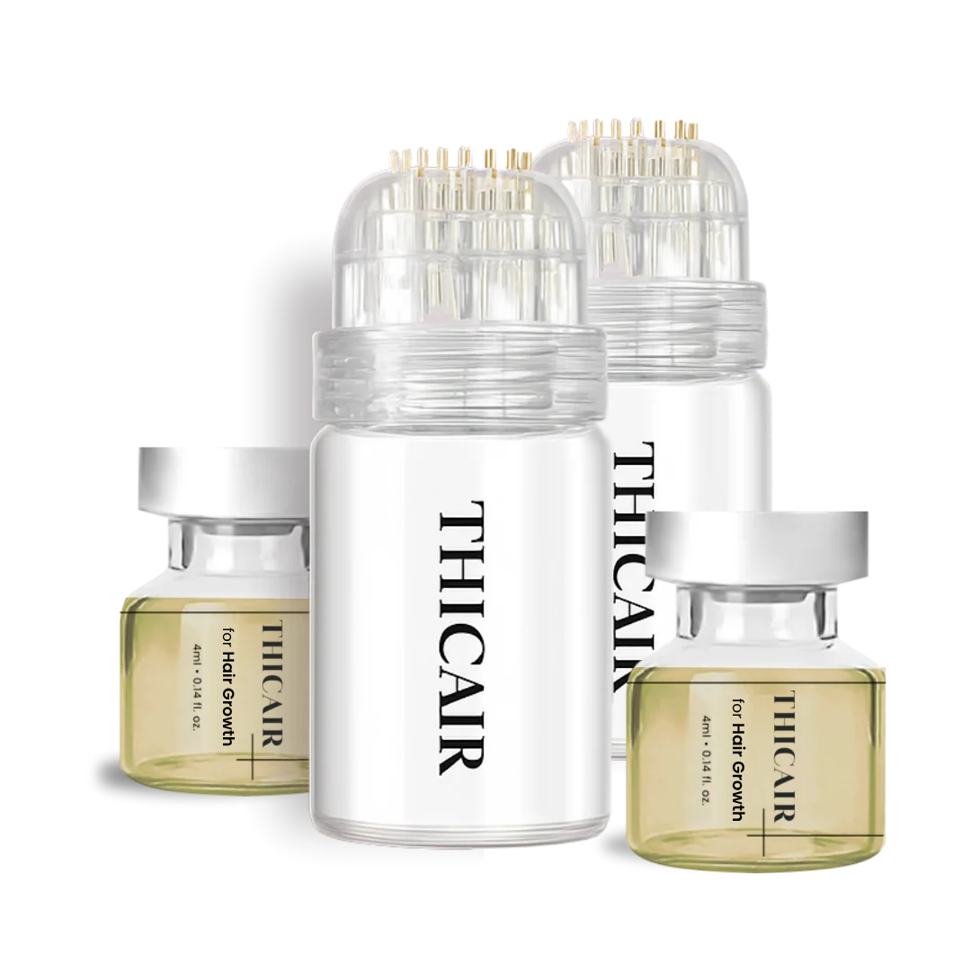 Four bottles labeled 'THICAIR' with clear liquid, two with applicator tops.