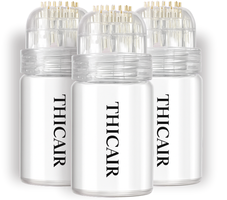 Three white bottles labeled 'THICAIR' with clear caps and gold pins.