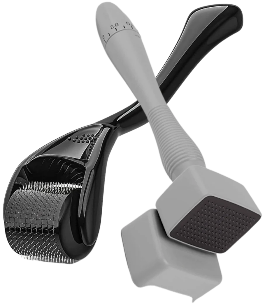 Two derma rollers with black and gray handles on a white background.