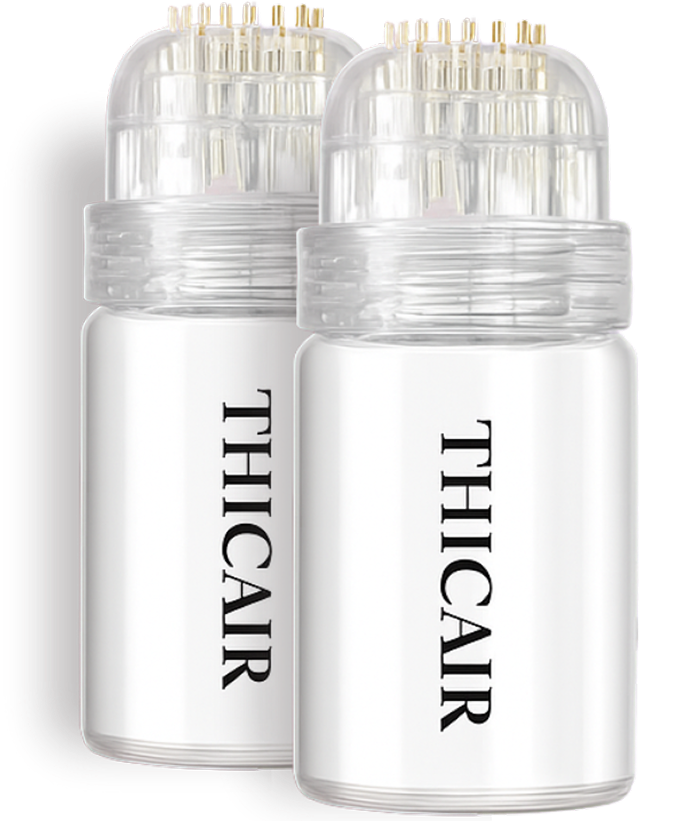 Two clear bottles labeled 'THICAIR' with gold-tipped applicators.