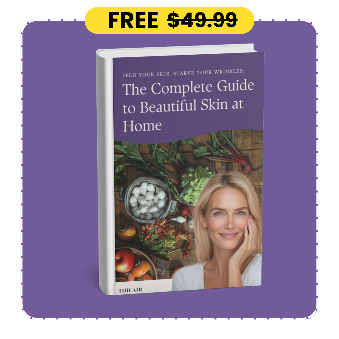 Ebook cover titled 'The Complete Guide to Beautiful Skin at Home' with a woman's face and vegetables.