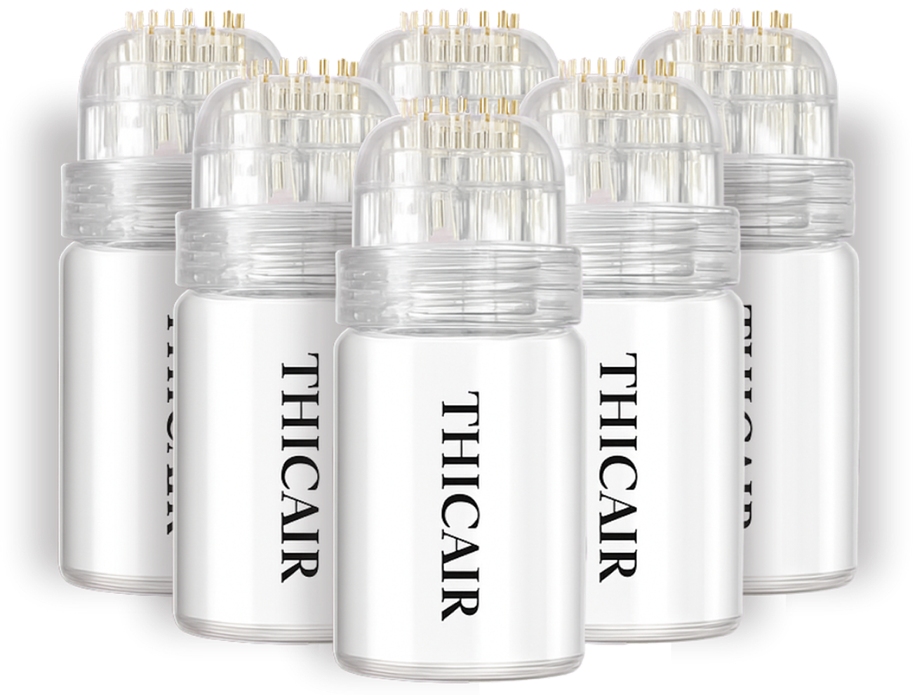 Five clear and white bottles with 'THICAIR' label, featuring gold-tipped applicators.
