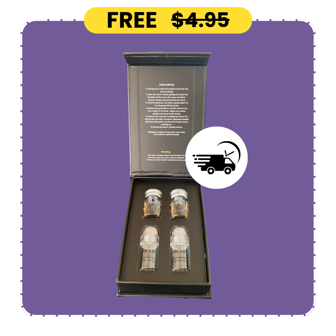 Open box with four small bottles and instructions, labeled 'FREE $4.95' on purple background.
