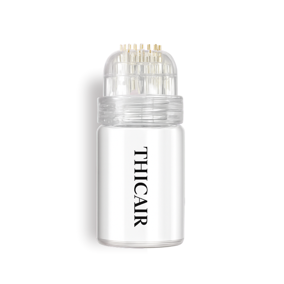 White bottle with clear cap and gold pins, labeled 'THICAIR'.