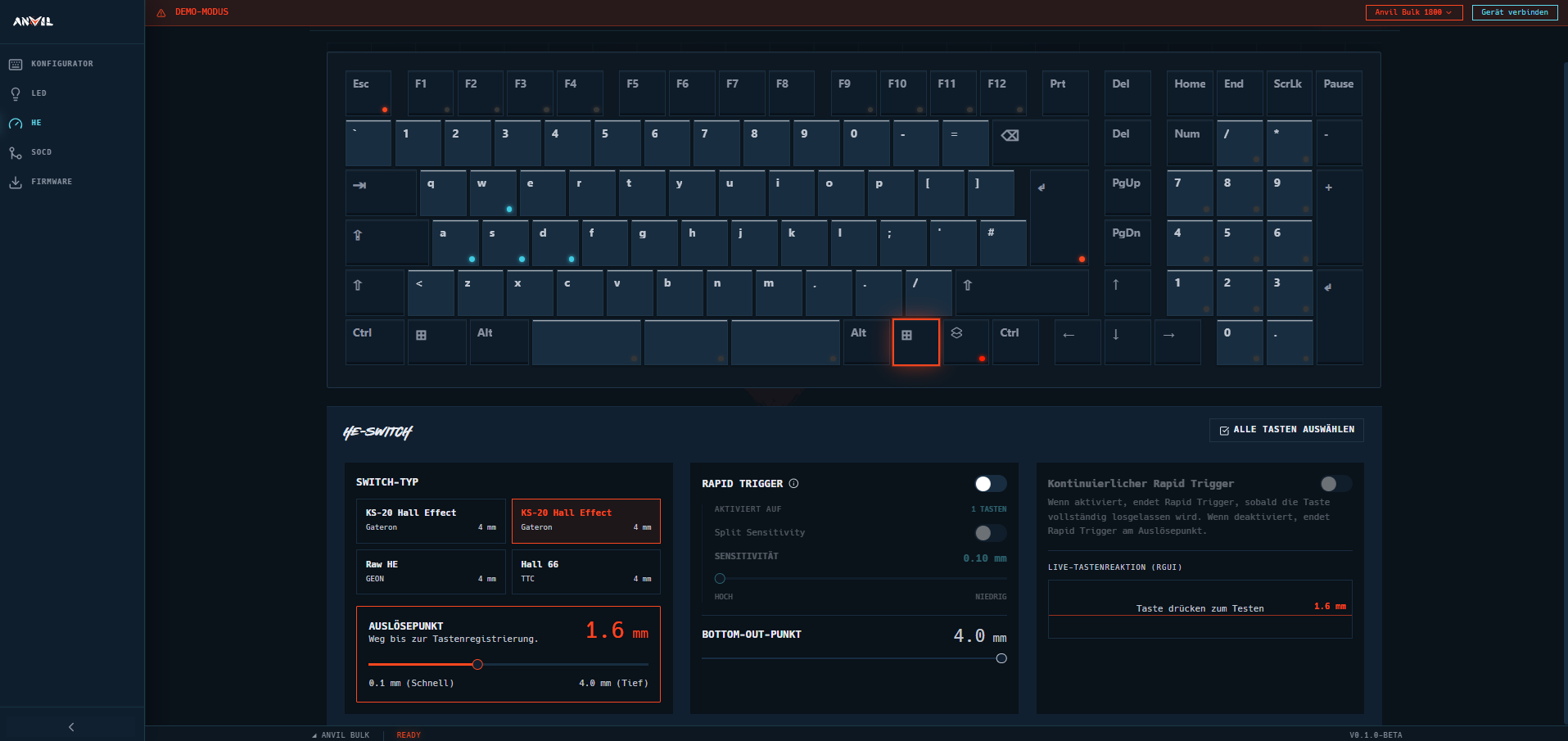 A screenshot of a keyboard configuration software interface in German, showing customization options for keys and switches.